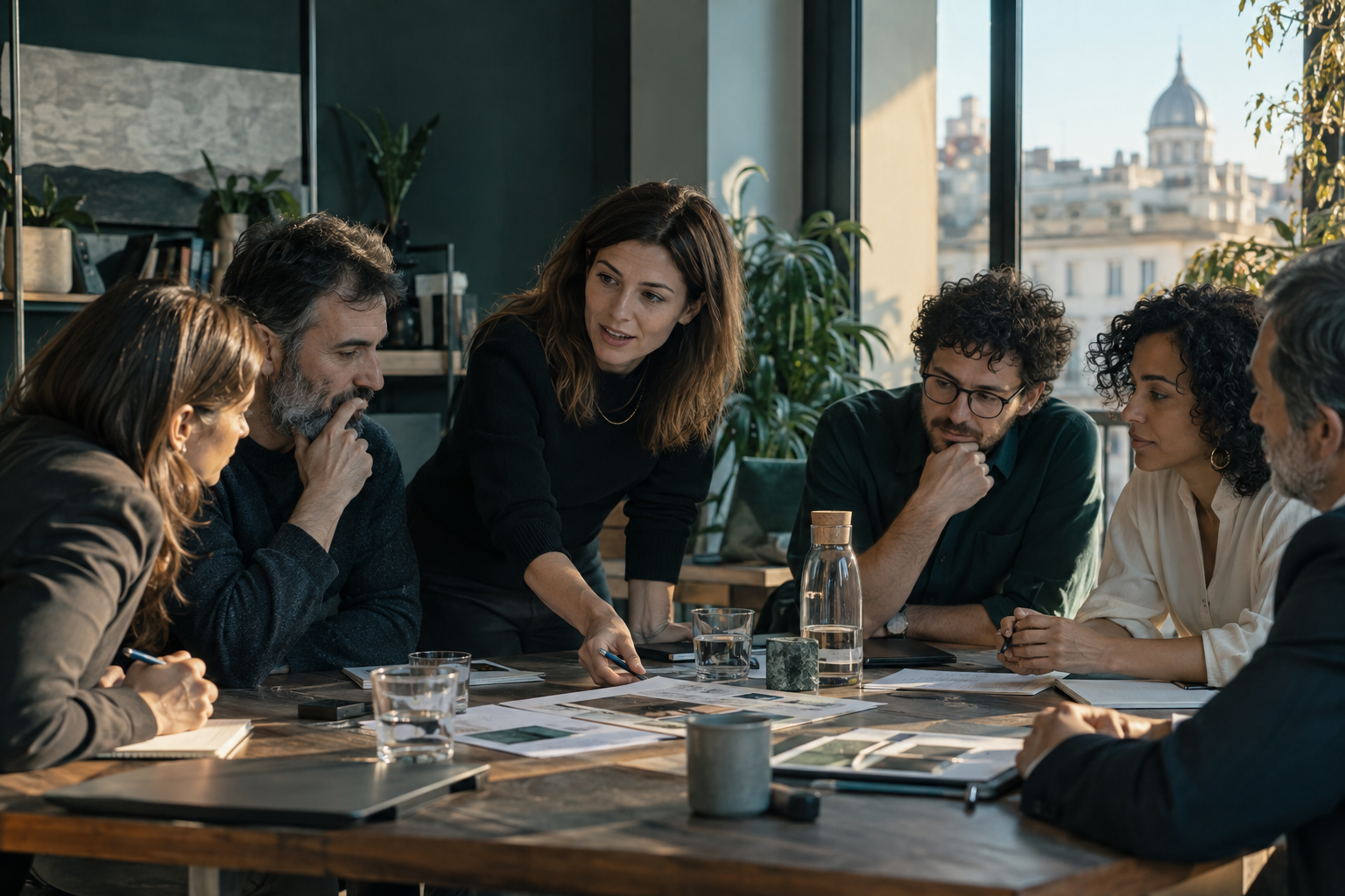 Profesionales colaborando alrededor de una mesa