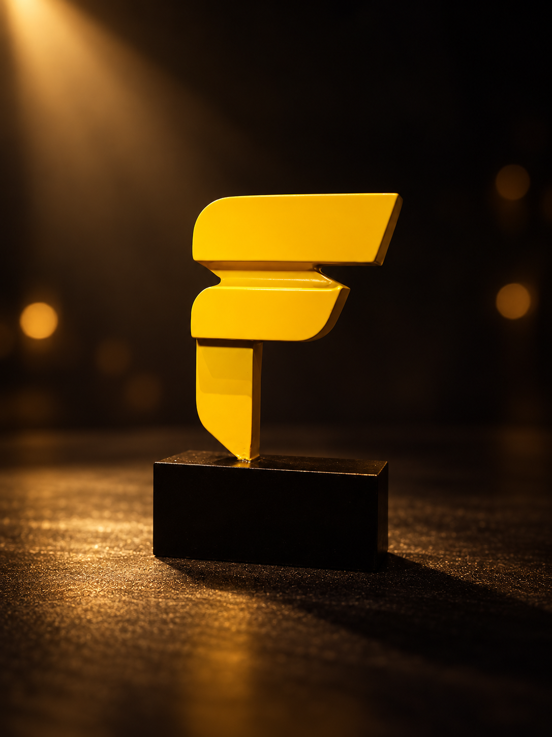 Estatuilla amarilla de los Premios Somos Fanes con iluminación escénica